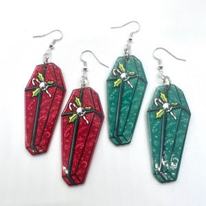 Christmas Skull Earrings - Coffin Earrings - Halloween Earrings - Goth Earrings